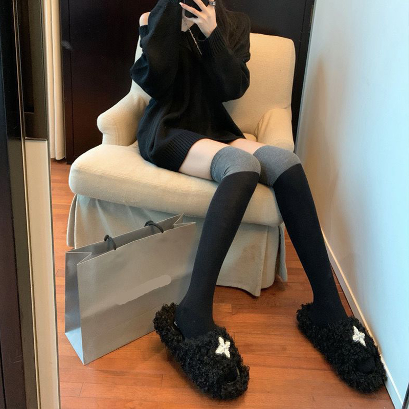 拼色袜子女jk小腿袜秋冬过膝长筒袜黑灰拼接中筒袜半腿高筒靴袜
