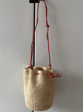 马达加斯加拉菲草包 手工编织 单肩圆桶包 底径约15cm高21