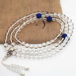 天然净体白水晶手链108颗念珠多圈6mm配青金石银三通活口现货正品