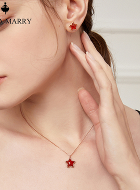 925纯银五角星红玛瑙耳钉项链女