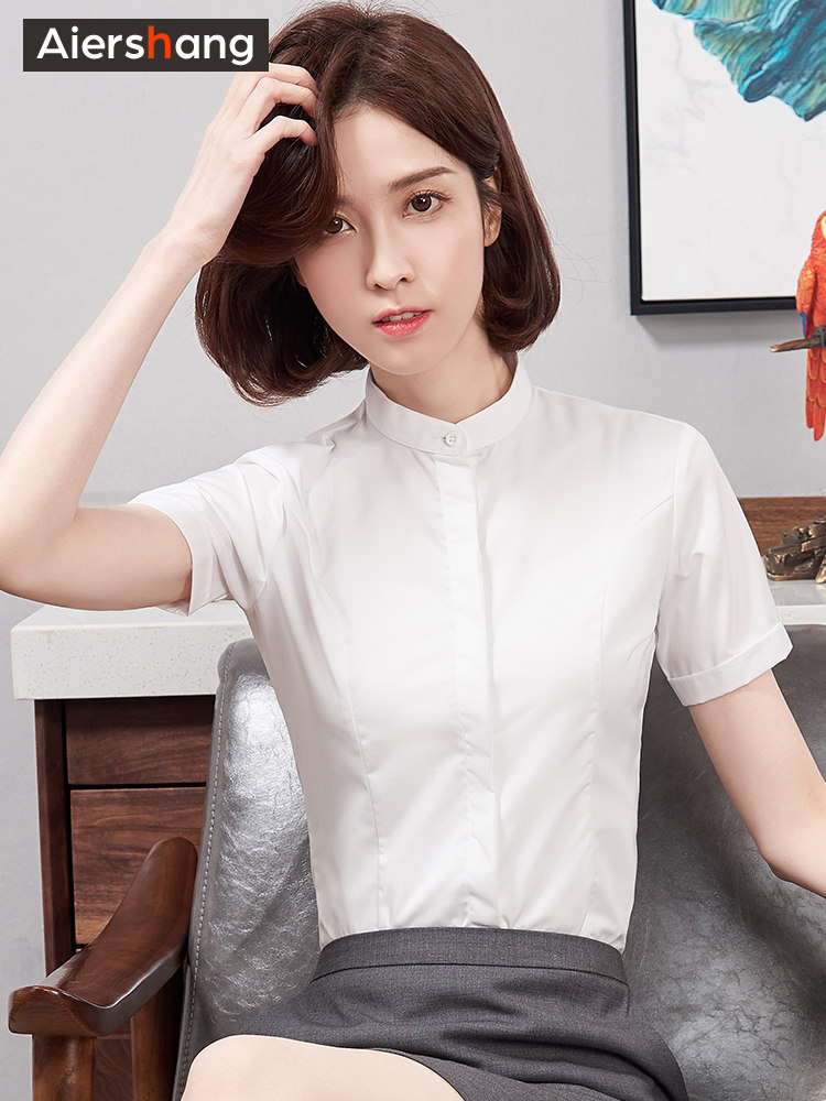 夏季职业短袖白色衬衫女韩版ol修身正装工作服衬衣女士学生上衣棉