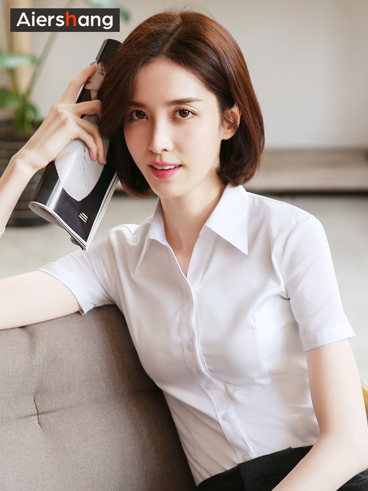 春夏弹力白衬衫女短袖v领百搭职业正装定制工作服工装面试衬衣女