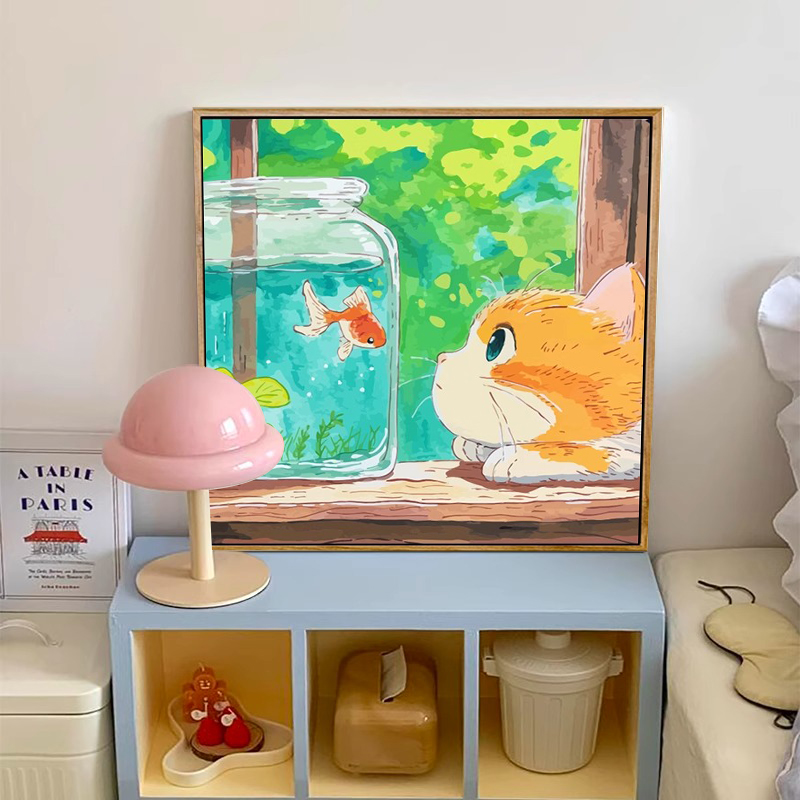 可爱猫咪宫崎骏儿童房装饰画夏日治愈卡通客厅卧室挂画床头柜摆画
