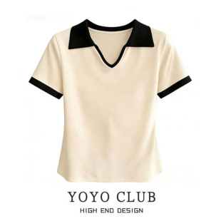 女装 品牌折扣撞色翻领短袖 大码 2026新款 设计感v领打底上衣 t恤夏季
