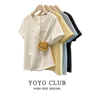 新款 T恤女2026春季 上衣女 木耳边蝴蝶结开叉短袖 品牌折扣胖MM大码