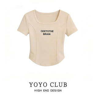 女装 品牌折扣独特好看方领正肩短袖 大码 新款 减龄T恤上衣 2026夏季