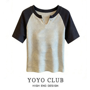 女装 品牌折扣2026夏季 上衣大码 撞色拼接短袖 设计感显瘦T恤潮 新款