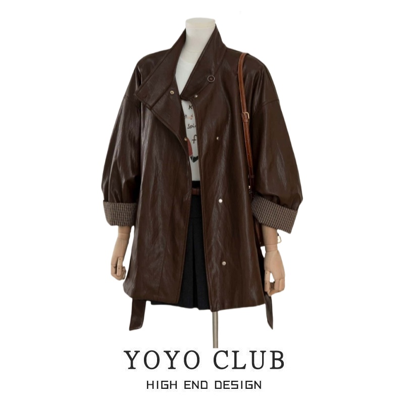 胖MM高级感咖啡色皮衣外套女潮流