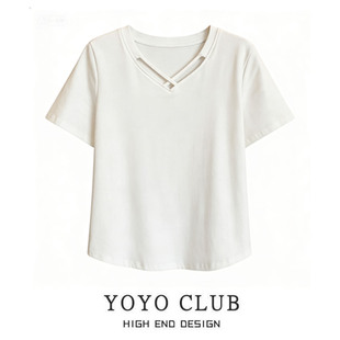 小个子修身 品牌折扣大码 T恤2026夏季 洋气V领套头短袖 显瘦上衣 女装