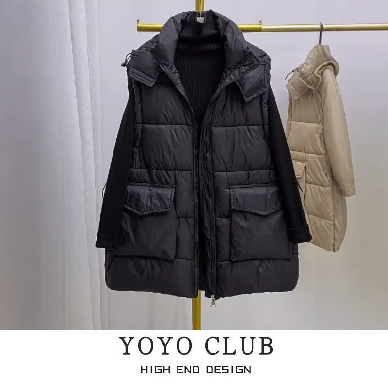 品牌折扣胖MM大码美式休闲百搭羽绒棉马甲2025年新款简约连帽外套