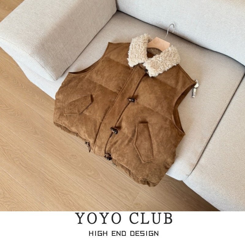 品牌折扣胖MM复古风羊羔毛翻领马甲女2025通勤单排扣加厚背心外套
