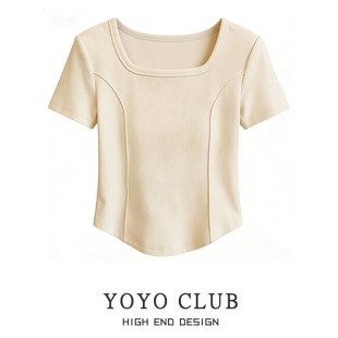 新款 修身 纯色方领短袖 女装 显瘦减龄T恤 上衣大码 品牌折扣2026夏季