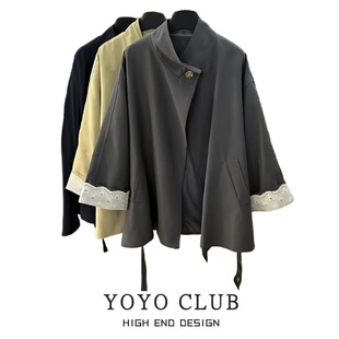 宽松百搭外套 立领收腰蕾丝风衣外套2026新款 品牌折扣胖MM大码 韩版