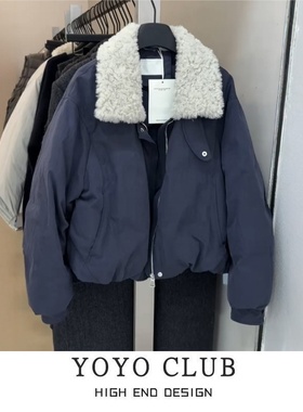 品牌折扣胖MM韩式羊羔毛领派克服女2025秋冬季时尚宽松棉衣外套女