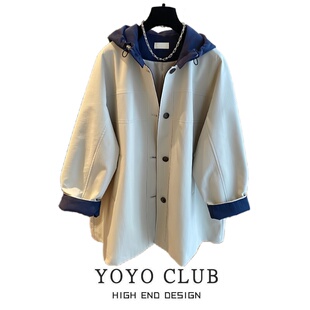 品牌折扣胖MM韩系撞色连帽风衣外套女2026新款中长款高级感冲锋衣