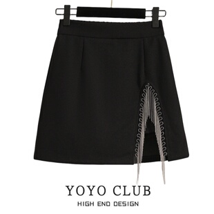 高腰显瘦开叉流苏A字短裙 新款 品牌折扣胖MM大码 半身裙女2025夏季