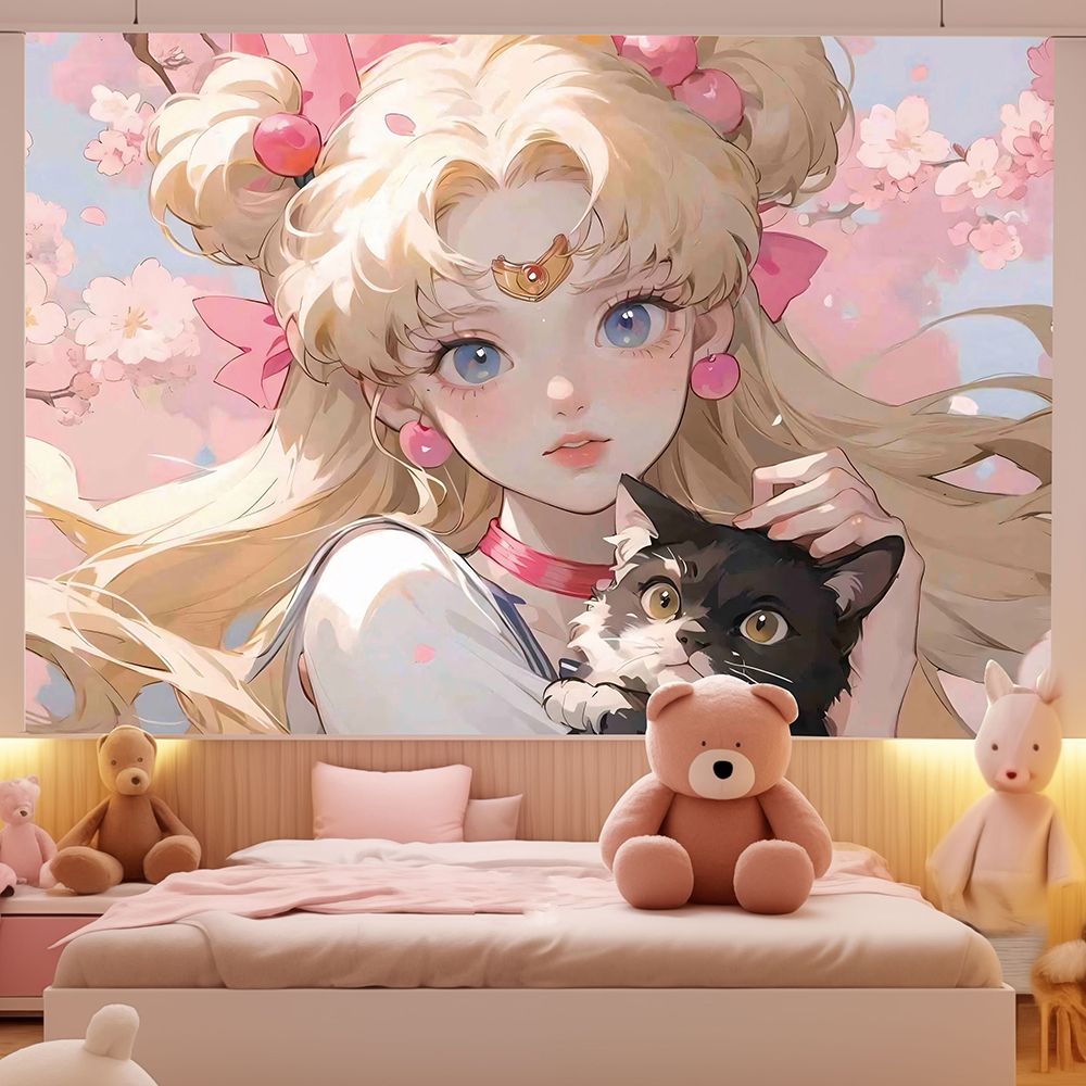 美少女插画ins少女心可爱背景布房间宿舍直播间装饰墙布网红挂布