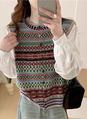 复古民族针织开衫女2025新款独特别致小众毛衣外套拼接假两件上衣