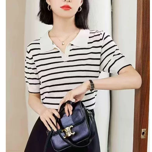 黑白条纹冰丝短袖针织T恤女