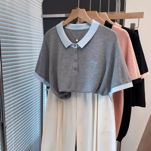 夏季天丝POLO领短袖针织T恤女