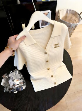 2026夏季新款女士灰色休闲气质V领短袖针织衫时尚通勤显瘦上衣服