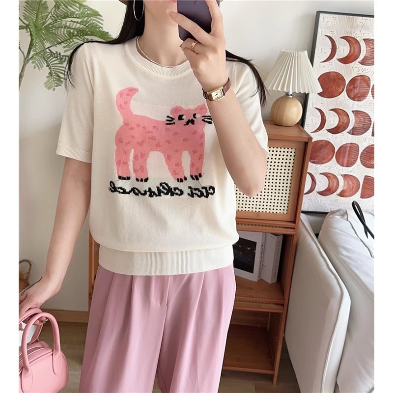 夏季女士白色冰丝针织短袖t恤女2025新款漂亮小个子短款半袖上衣