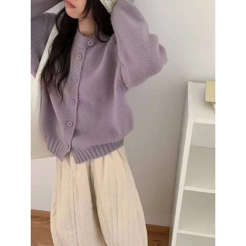 韩版加厚圆领毛衣女款2025新款秋冬外套宽松慵懒风针织衫开衫