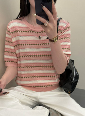 夏季新款提花挑孔条纹冰丝针织衫女莱赛尔天丝圆领短袖上衣t恤薄