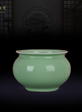 景德镇陶瓷器中式豆青釉香炉笔洗铜钱草盆仿古家居客厅装饰摆件设