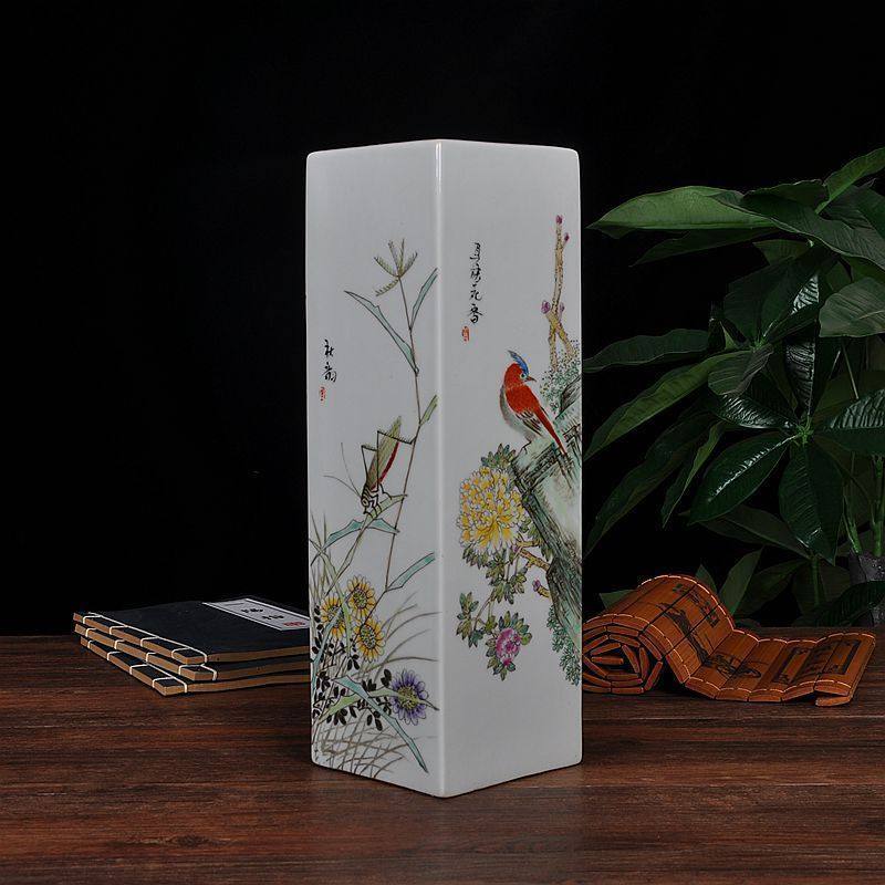 景德镇陶瓷器手绘新中式仿古四方镶器笔筒书画筒书房办公摆件设
