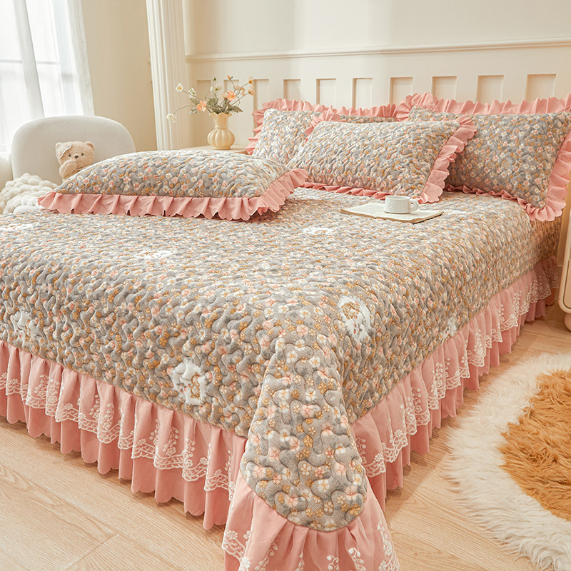 冬季牛奶绒床盖单件家用加厚加绒夹棉床单三件套单人保暖炕盖毯子