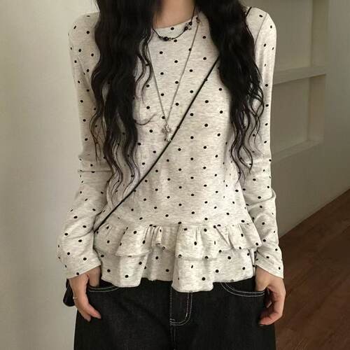 高级感浅灰色波点印花圆领长袖T恤女秋冬针织外穿荷叶边下摆上衣