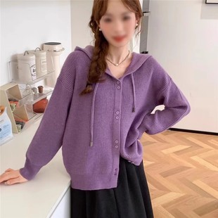 门店198 韩版 连帽纯色双联扣针织开衫 外套 宽松秋冬款 女长袖