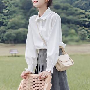 秋冬新款学院喇叭袖白色衬衫女针织内搭学生白衬衣春秋长袖POLO领