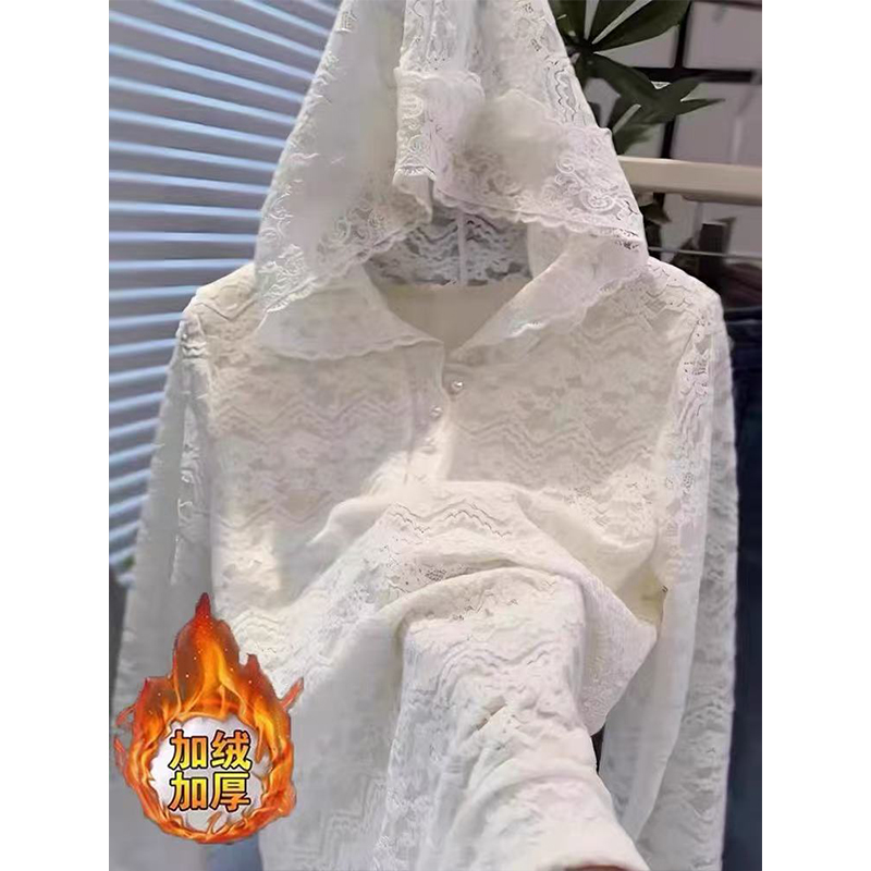 【加绒加厚】宫廷风珍珠扣连帽蕾丝衫女冬季针织打底衫叠穿帽衫