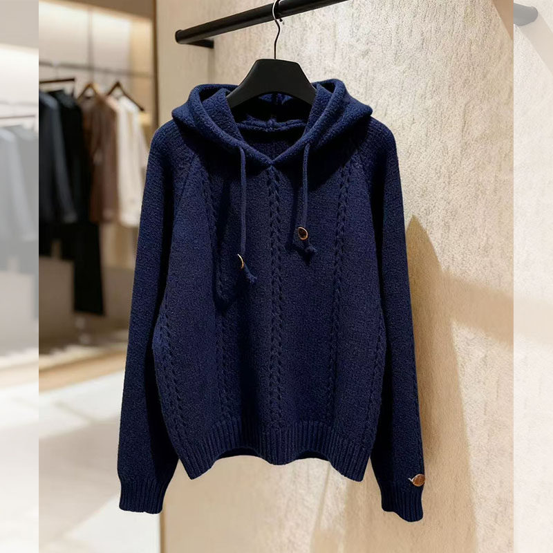 书呆子北欧风藏青色连帽针织毛衣女秋冬季宽松显瘦长袖上衣高级感,女装/女士精品,毛针织衫,淘宝优惠券,粉丝福利购,淘宝优惠卷