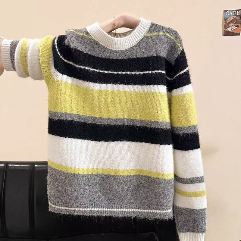 慵懒风条纹撞色套头毛衣女秋冬2025新款今年流行的款式针织衫上衣