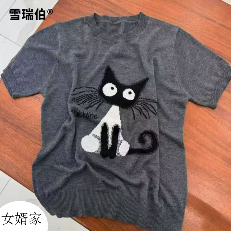 【提花呆呆猫】冰丝薄款短袖T恤女2025年夏季新款针织衫打底上衣