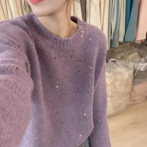 【柜柜货】温柔风软糯紫色亮片毛衣女秋冬奶huhu慵懒外穿针织上衣