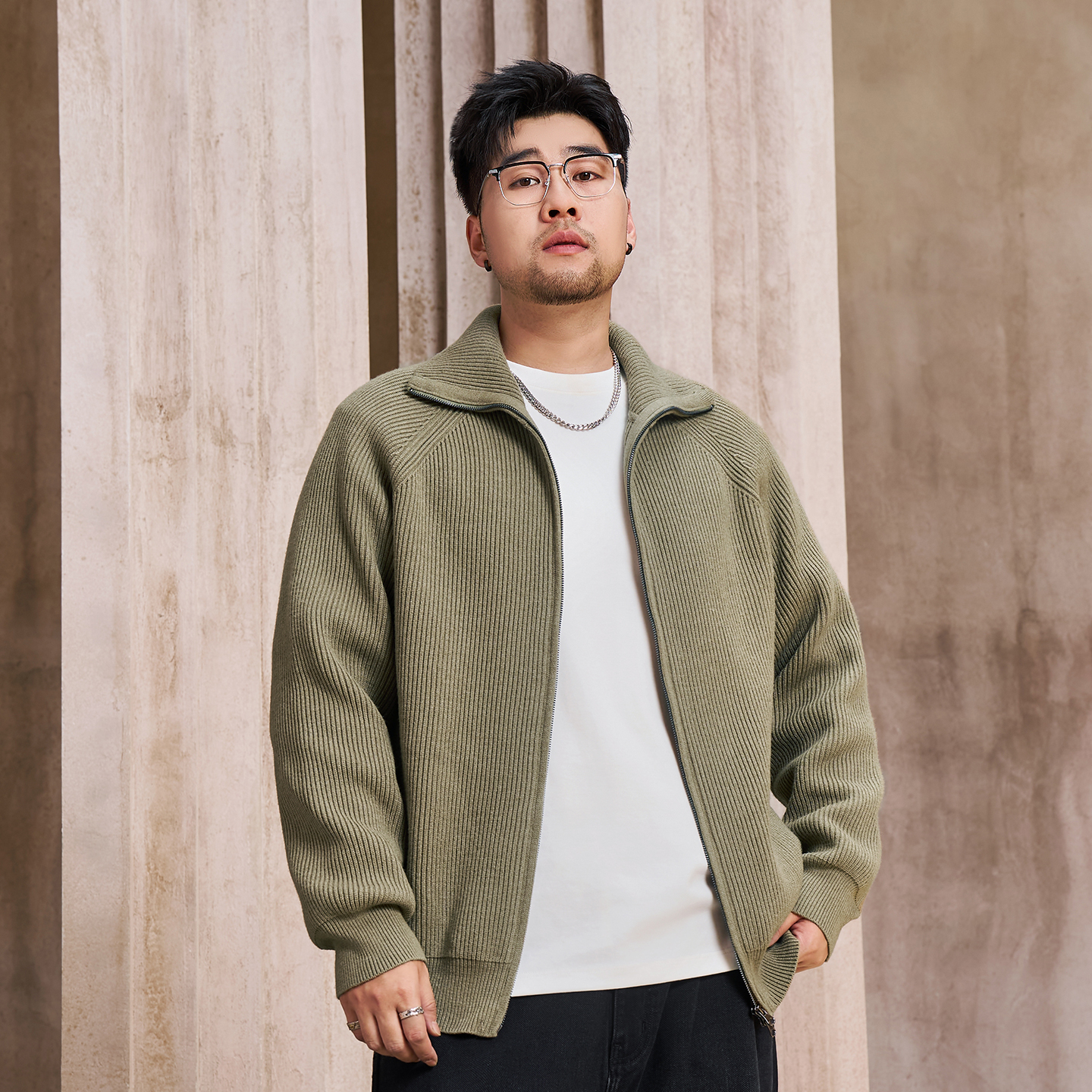 大码男装双头拉链针织开衫毛衣