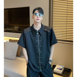 DAFUCHEN2023夏季设计未来感金属拉链短袖衬衫男士宽松潮流个性男