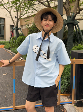 陈大富今年短袖衬衫男轻奢高级感痞帅蓝色上衣可拆卸发夹高档衬衣
