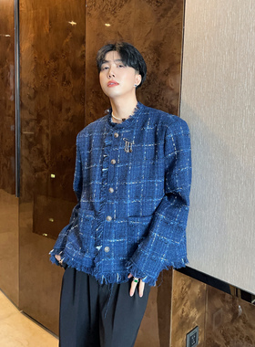 陈大富粗花呢格子流苏小香风外套男2024秋冬宽松廓形蓝色垫肩夹克
