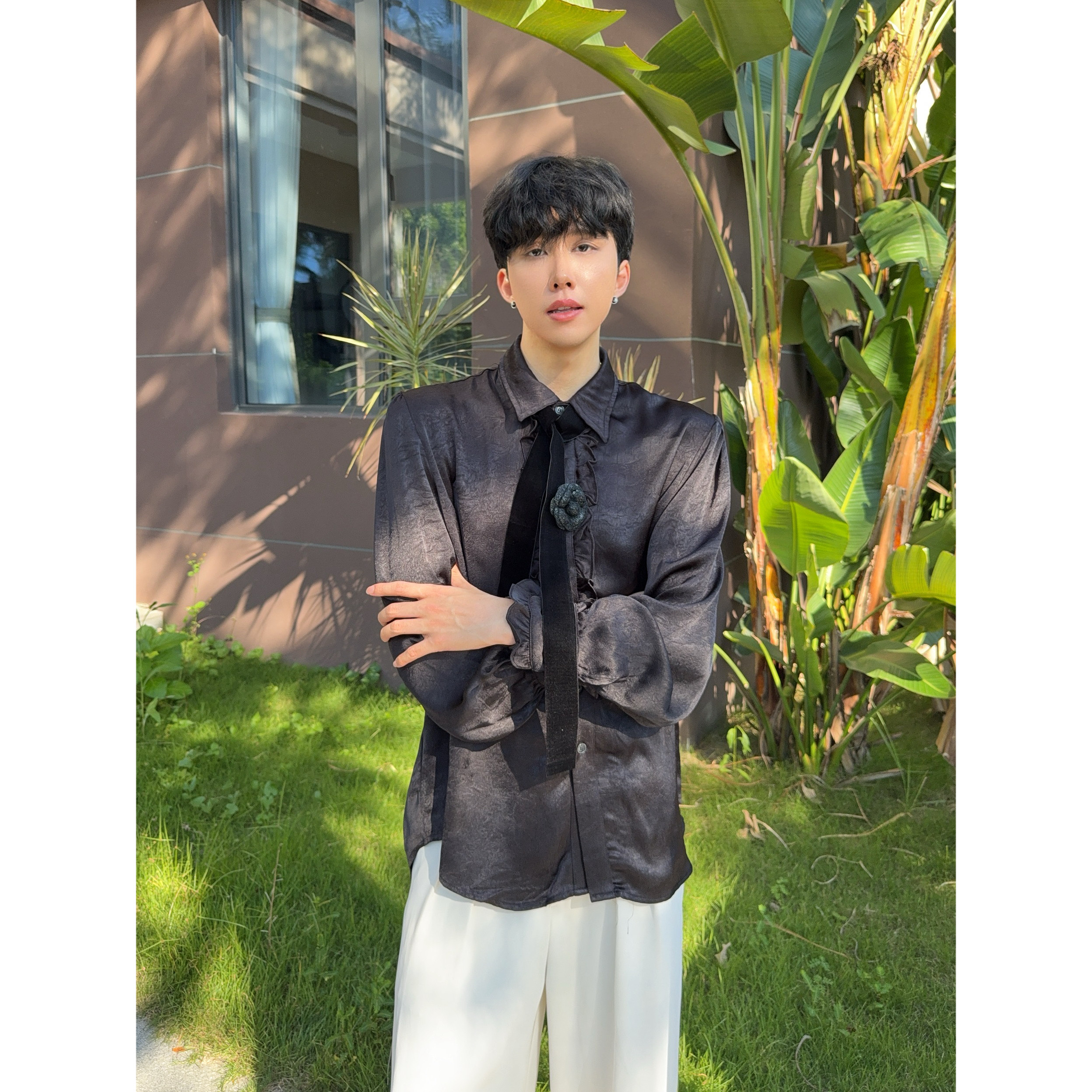 陈大富法式褶皱感液态绸缎长袖衬衫男高级抗皱亮面演出服飘带衬衣