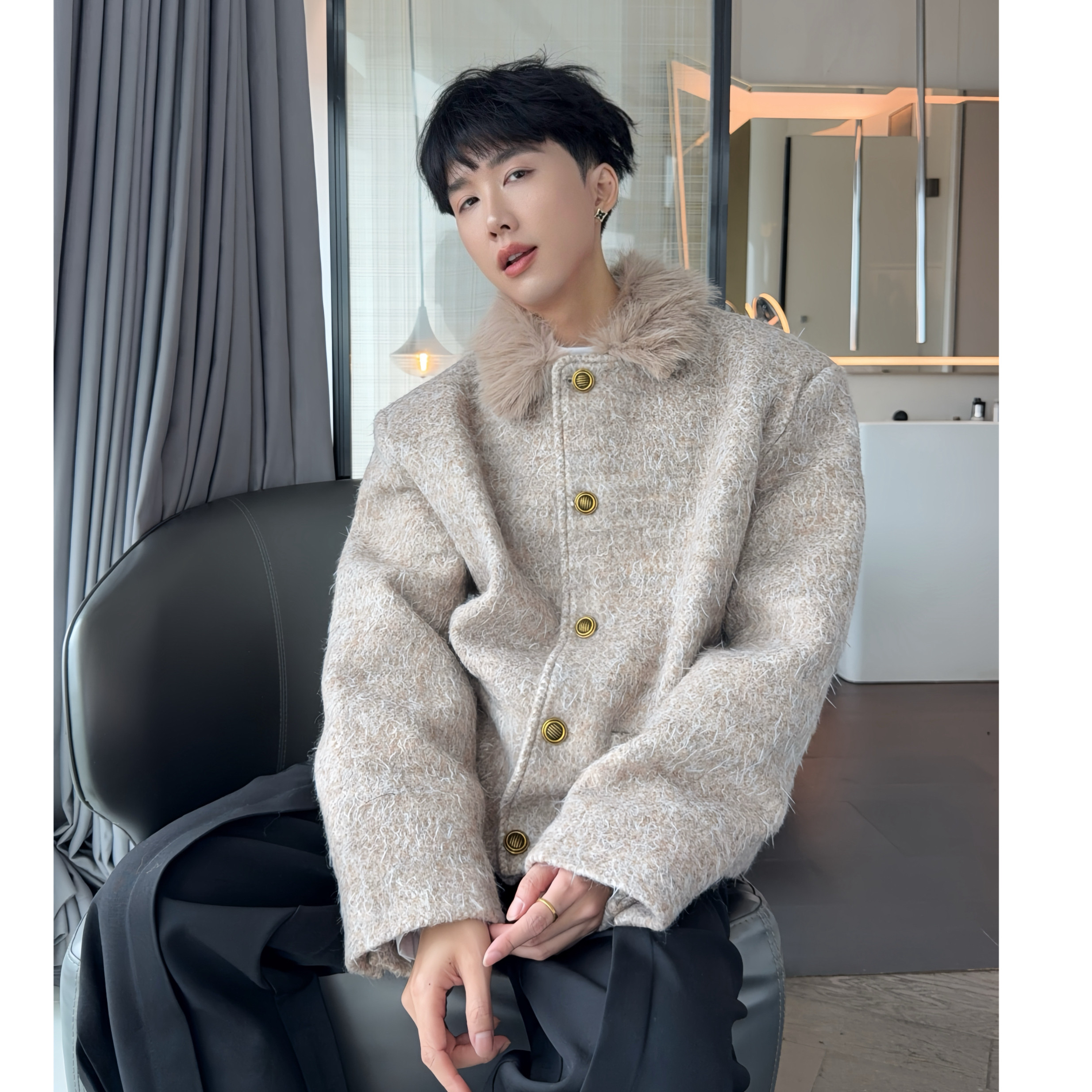 陈大富小香风可脱卸毛毛领外套男冬季轻奢风32%羊毛抗风毛呢夹克,男装,夹克,淘宝优惠券,粉丝福利购,淘宝优惠卷