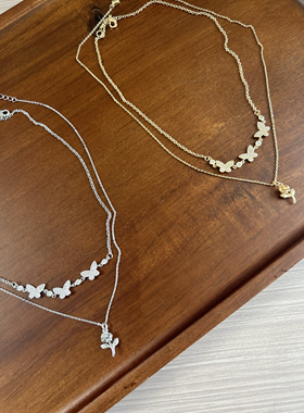 双层叠戴蝴蝶玫瑰项链bm风同款 女新款轻奢百搭配饰 BM平替