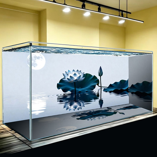 新款荷花风景鱼缸背景画贴纸高清水族箱装饰造景粘贴壁画纸内外贴