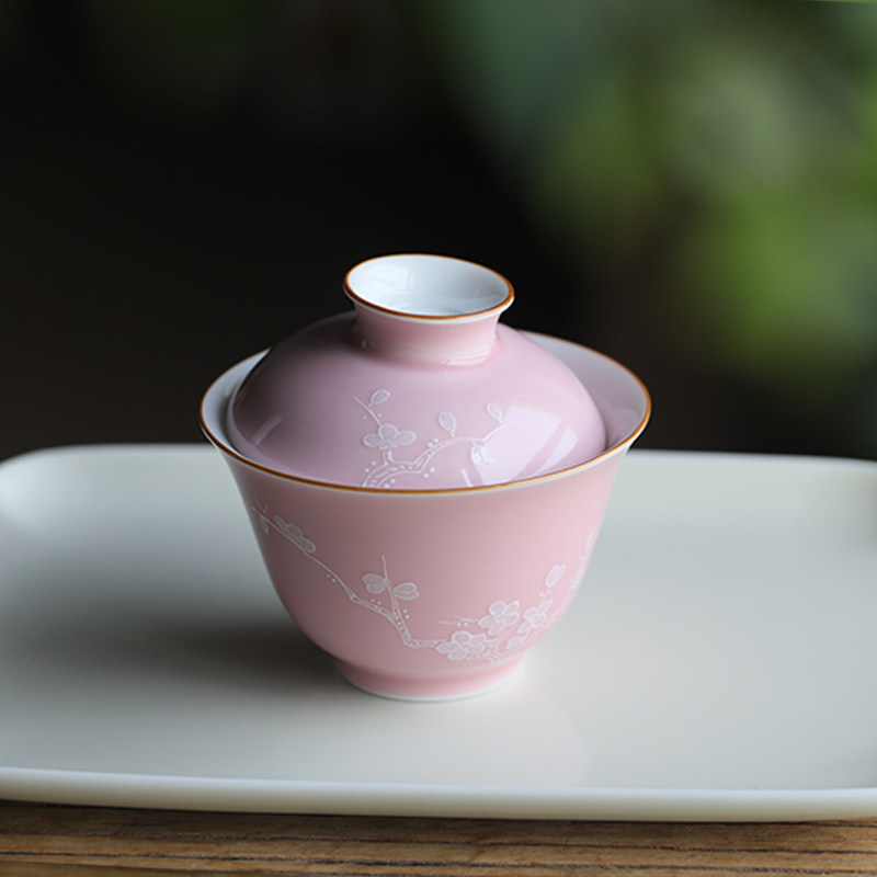 挑tea|久在堂手绘粉色堆白冰梅纹盖碗泡茶器纯手工景德镇陶瓷家用