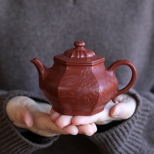 挑tea|宜兴紫砂壶泡茶壶原矿黄龙山朱泥大红袍刻花鸟全手工方器