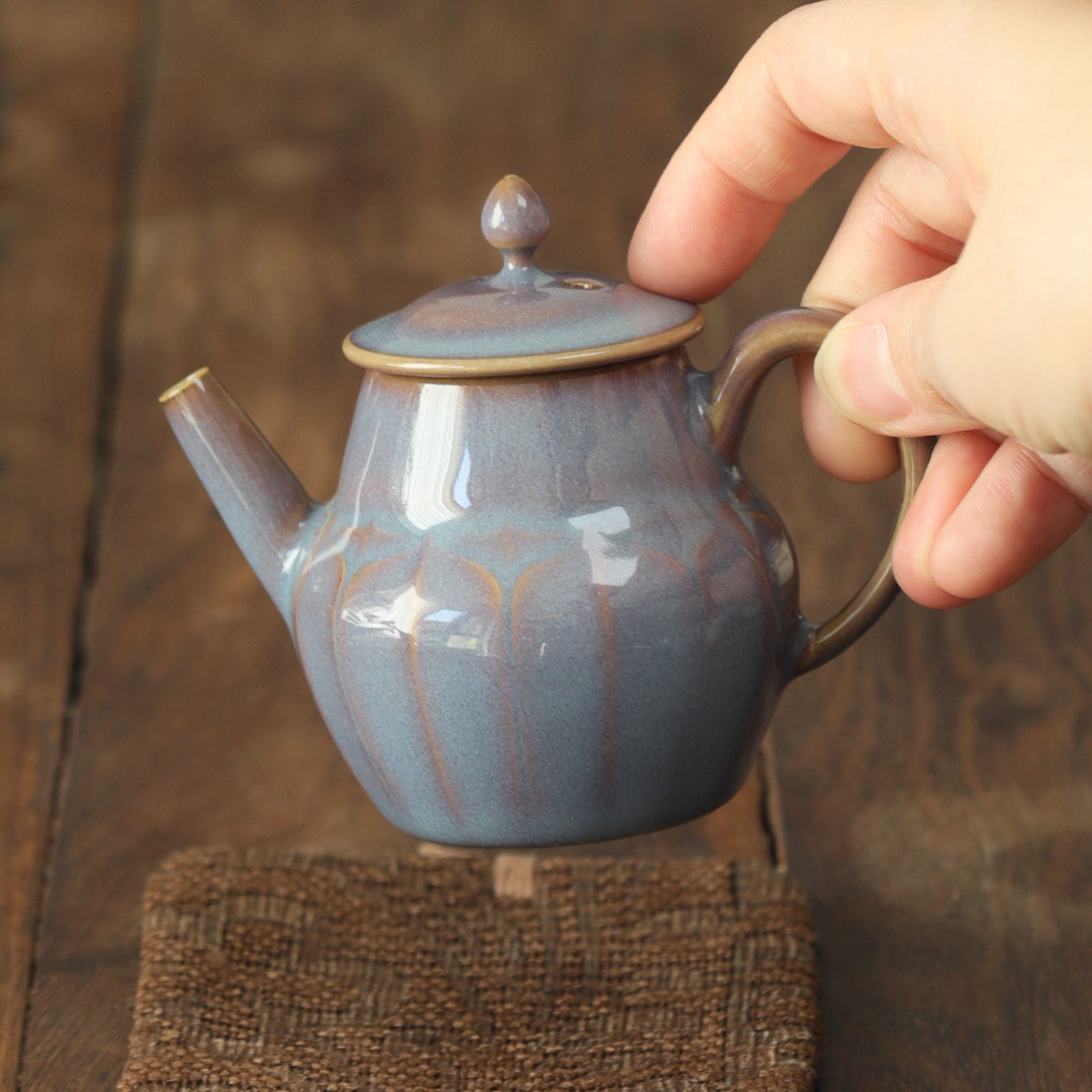 挑tea|浪漫紫雀羽莲瓣一人饮小茶壶纯手工陶瓷青瓷泡茶壶乌龙茶具